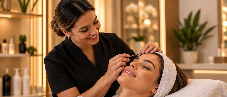 Profissional realizando design de sobrancelhas em cliente sorridente